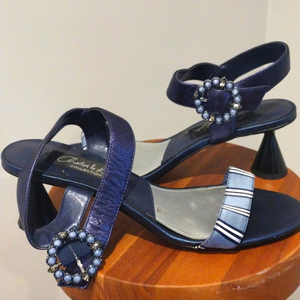 Vintage Blue Striped Heels Size 8- 8.5 EUR 39 EUC Unique Heel Sandals - Picture 5 of 11